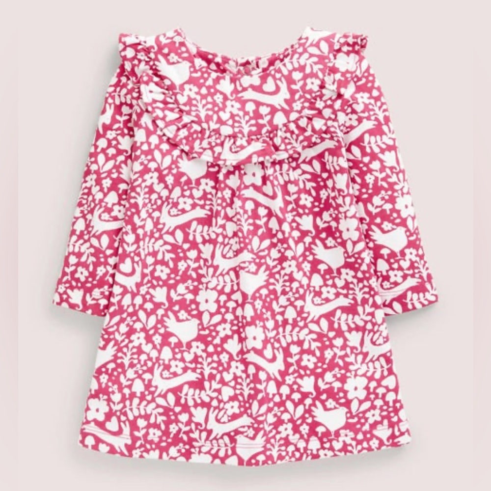 Mini Boden Printed Long Sleeve Dress Sweet Pink Woodland Size 9-12M